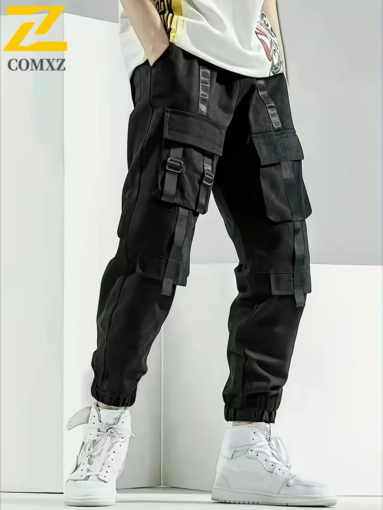 

Y2K Large Pocket Loose Overalls Trousers Men's Outdoor Sports Jogging cargo Pants Male Elastic Waist Black Casual Work Pants