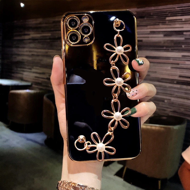 Flower pearl Wristband Soft Silicone Phone Case For Samsung Galaxy A52 A72 A324G A225G A23 A33 A73 A53 A 52 smooth Back cover