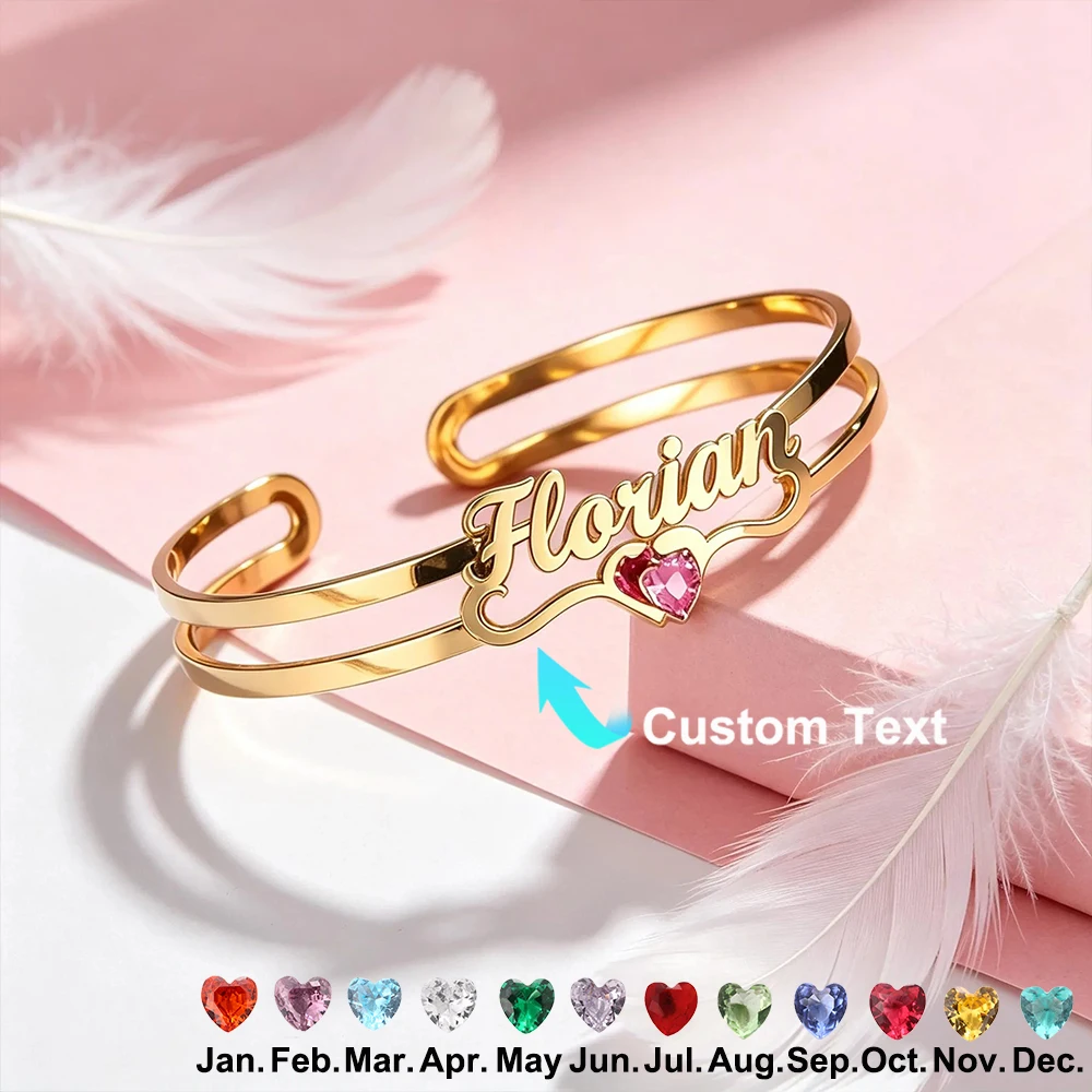 Customized Birthstone Heart Name Bangle Bracelet Stainless Steel Personalized Name Bangle Bracelet Waterproof Custom Jewelry