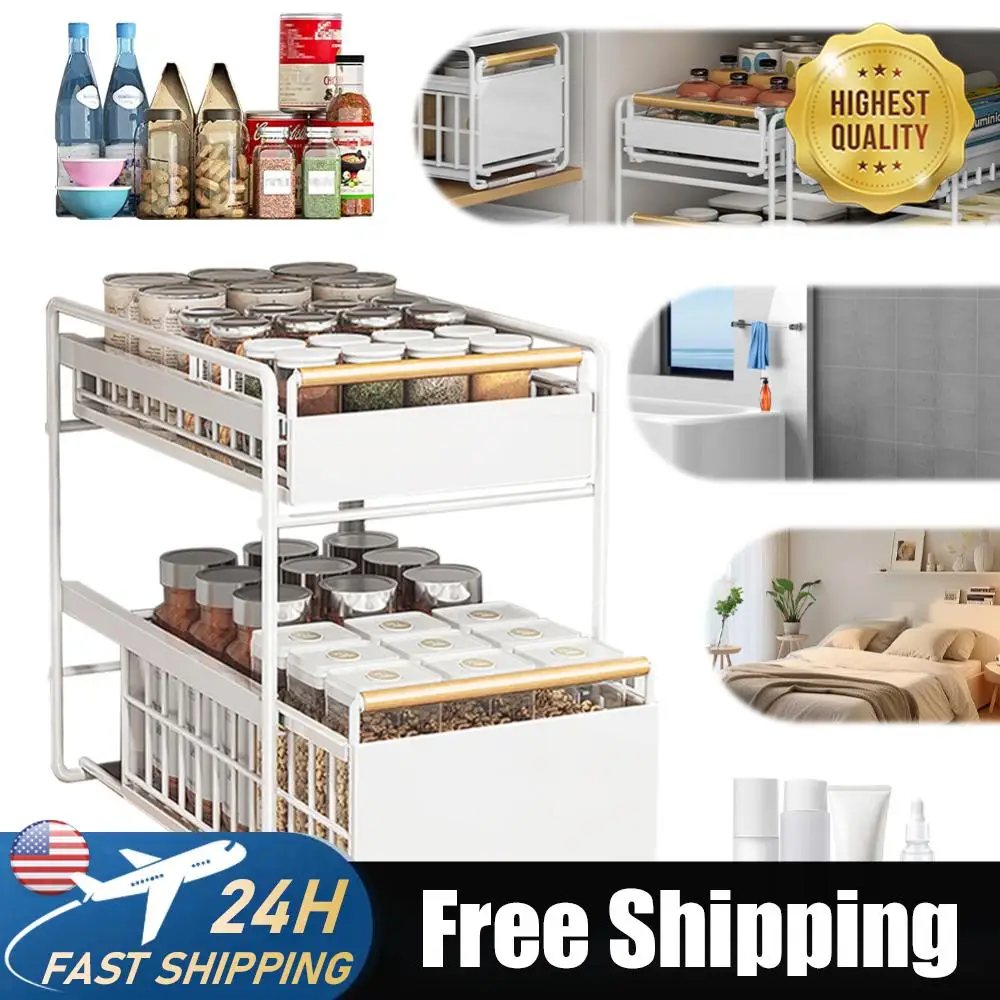 2-Tier Cabinet Storage Rack Large Capacity Slide Storage Drawer Multifunction Storage Holder for Bathroom Bedroom Skin Care