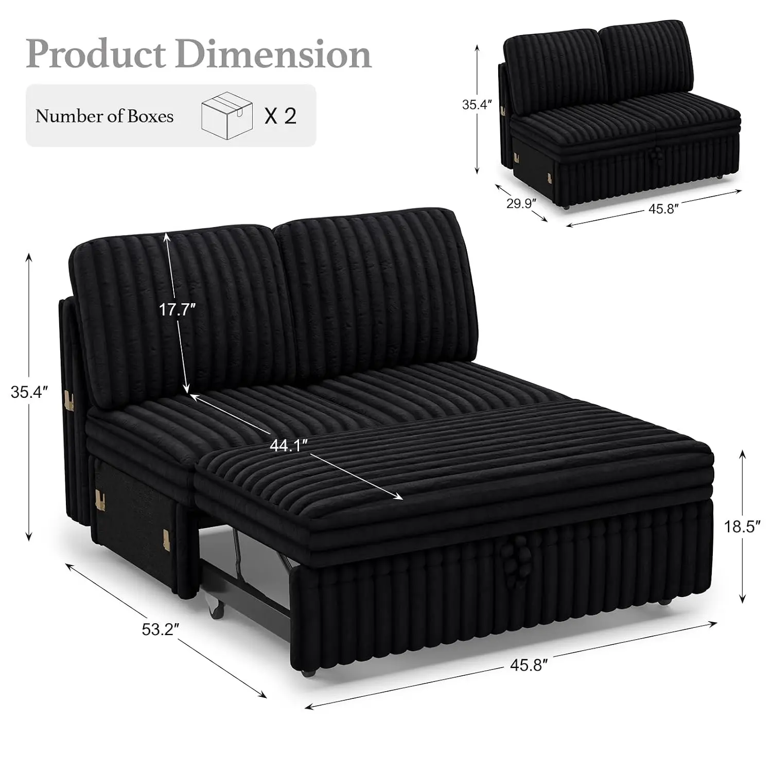 Corduroy Sleeper Sofa With Pull Out Bed Module Loveseat For Sectional Black, Customized