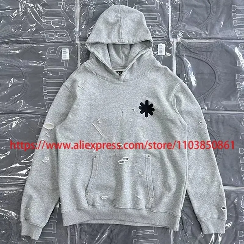 

High Street Trend LOST SHDWS Hoodie Sweatpants Classic Embroidery Patterns Leisure Black Gray Ripped Hole Hoody Sweatshirts