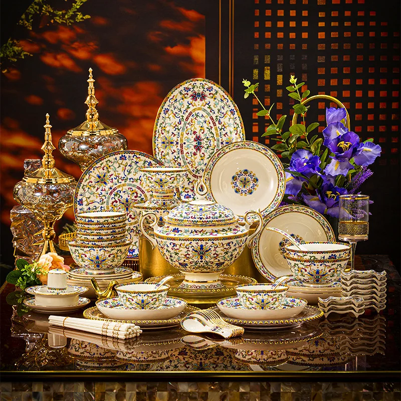 HYS Household Dishes Set Light Luxury Bone China Combination High-end Chinese Dishes Ceramic Tableware Enamel Color Bowls
