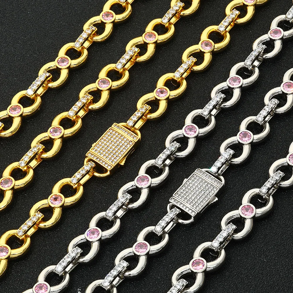 12MM Gold Plated CZ Zircon Diamond Link Chain Hip Hop Brass Metal Pink Stone Charm Cuban Link Chains for Women