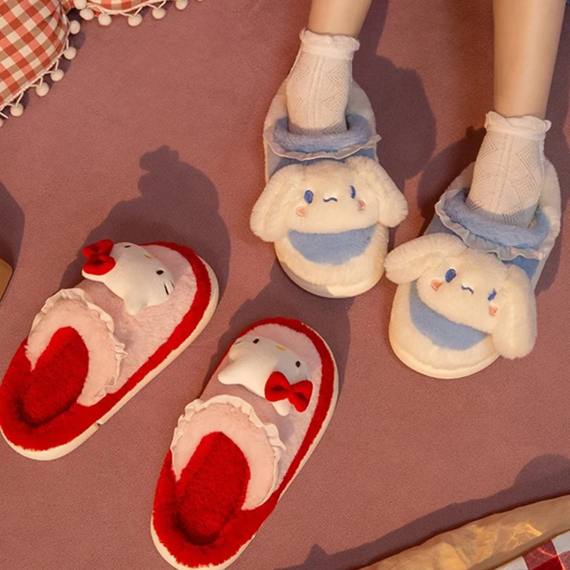 Kawaii Sanrio Kuromi My Melody Home Fuzzy Slipper Cartoon Cinnamoroll Yk2 Women Winter Plush Non Slip Slippers Girl Flat Shoes