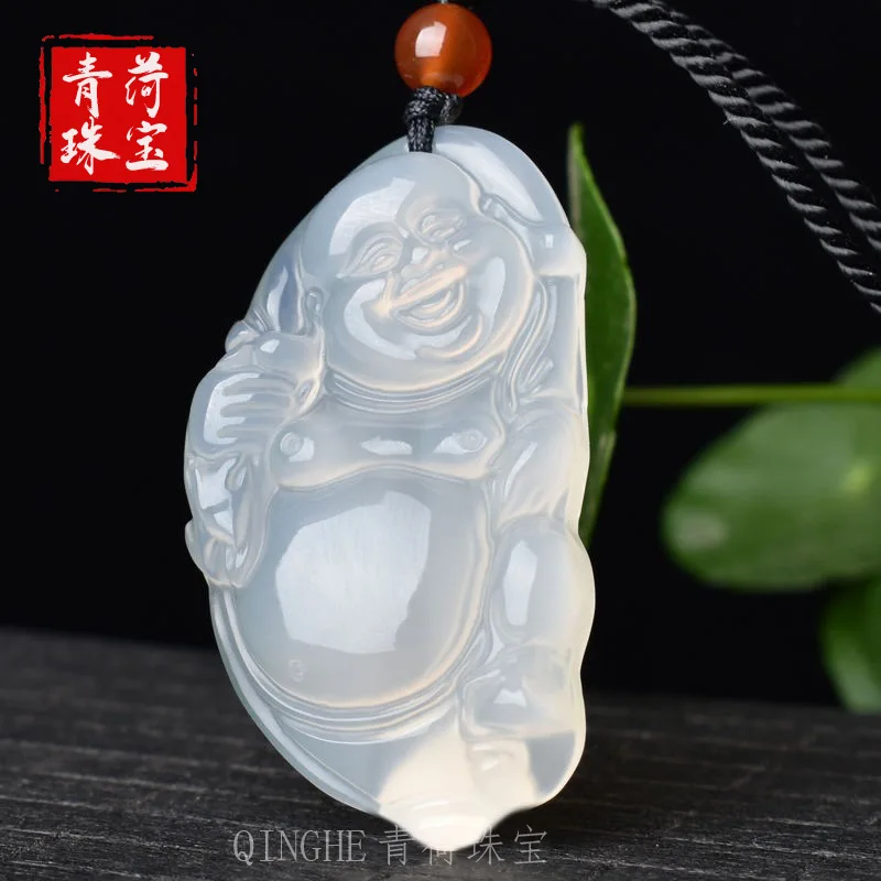 White chalcedony in a cloth bag, women's pendant, Laughing Maitreya Buddha jade ornament