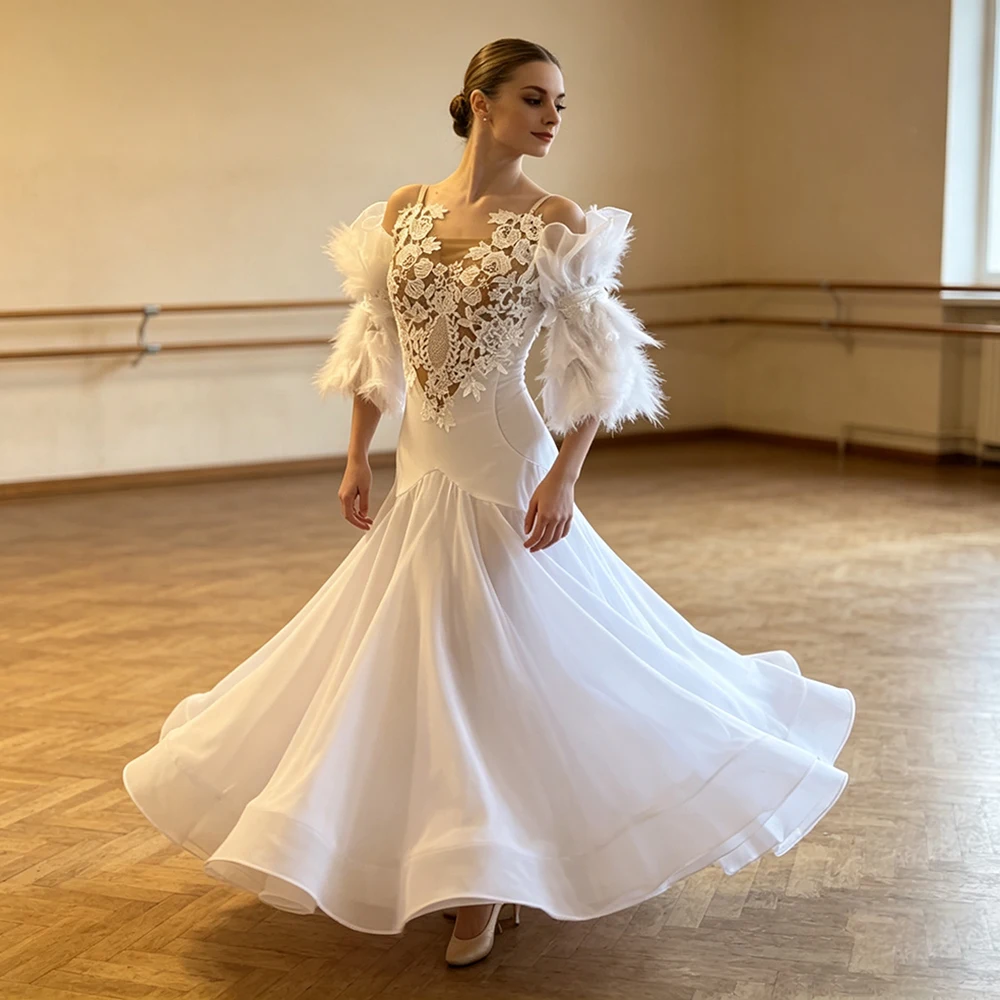Custom White Lace Ballroom Dance Dress for Women
