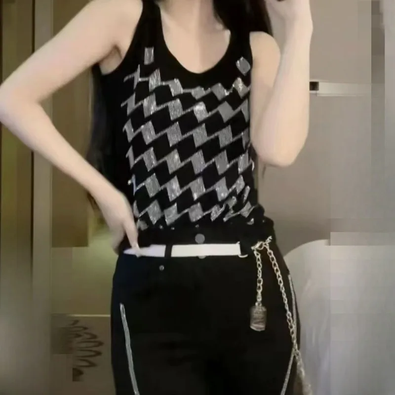 2024 Summer New Wave Rhinestones Suspender Round Neck Sleeveless Inner Wear Ins Slim-fitting Versatile Chic Tank Top