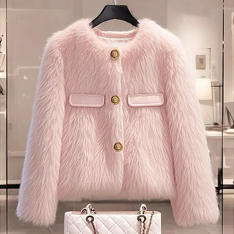เสื้อโค้ทขนแกะสีชมพูน่ารักมีสไตล์สําหรับผู้หญิงในฤดูหนาวปี 2024 หนาด้วยกลิ่นหอมขนาดเล็กและแจ็คเก็ตผ้าฝ้ายที่อบอุ่น