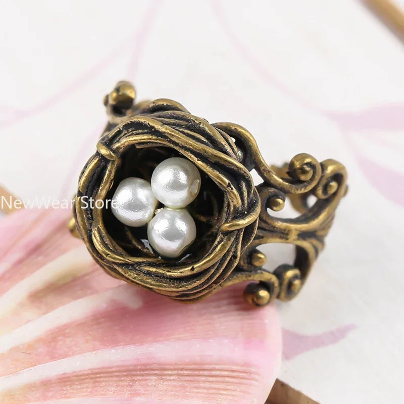 New Fashion Vintage Bird Nest Pearl Ring Love for Women Girls Engagement Anniversary Birthday Gifts Party Jewelry