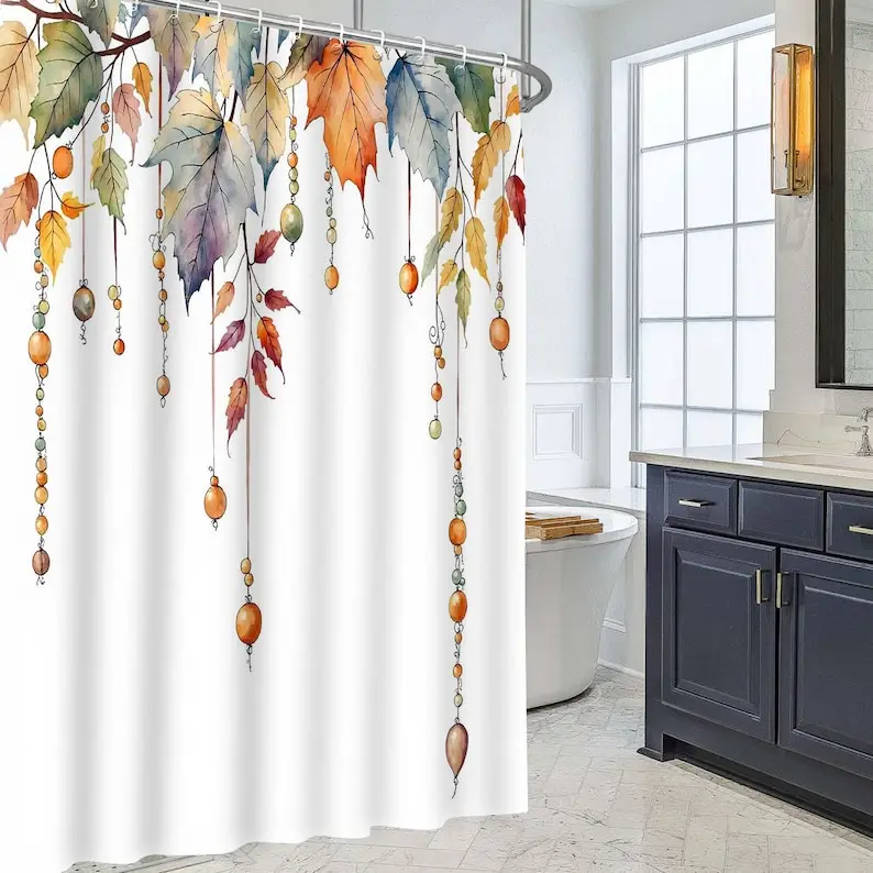 Watercolor Autumn Maple Leaf Shower Curtain, Hanging Fall Bead Vine Bathroom Curtain, Neutral Seasonal Farmhouse Bath Decor.