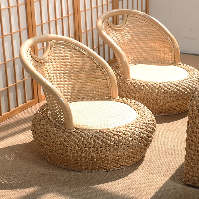 Rattan Backrest Chair Compact Low Tatami Seat for Balcony Japanese Style Lounge Chair Stylish Coffee Table Woven Sofa for Home