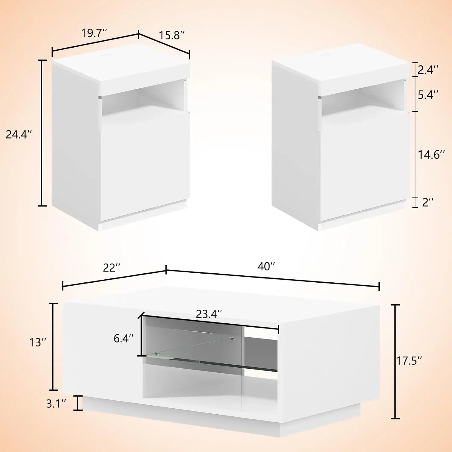 Conjunto de mesa LED moderno de alto brilho de 3 peças, mesa de centro, 2 mesas finais com estação de carregamento sem fio para sala de estar, branco