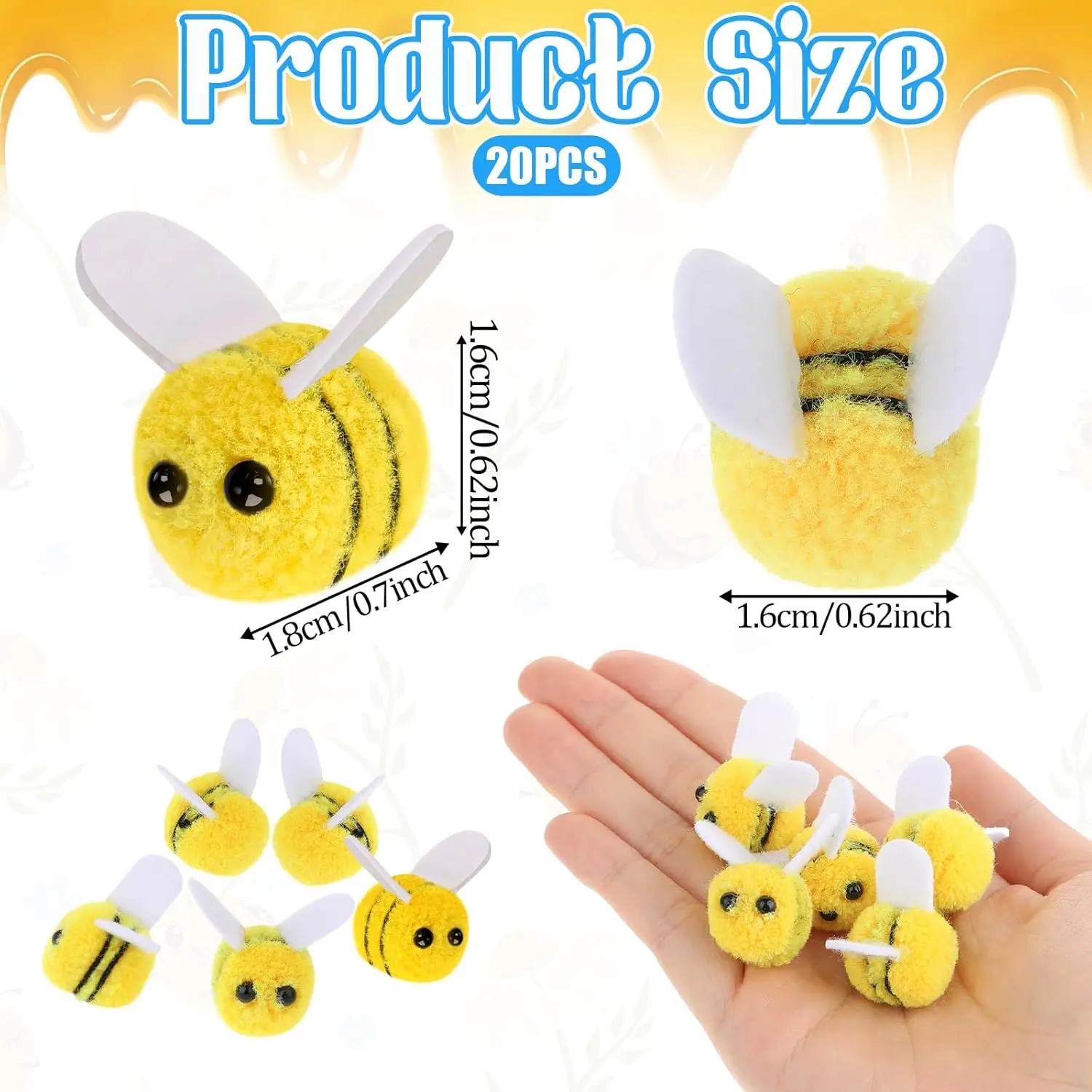 20Pcs Felt Bee Pompom Hair Costume DIY Child Headdress Wedding Figurines Bee Party DIY Handmade Material Hat Clothing Home Decor