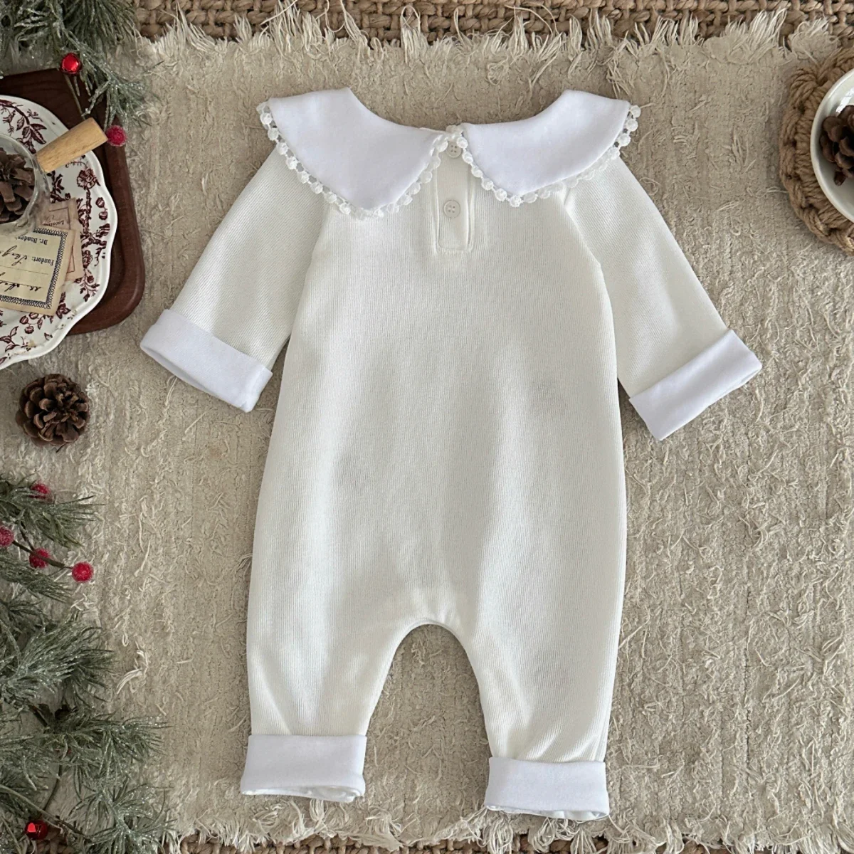 Sweet Cherry Embroidery Baby Romper Spring Autumn Peter Pan Collar Long Sleeve Soft Fabric Newborn Infant Girls Clothes