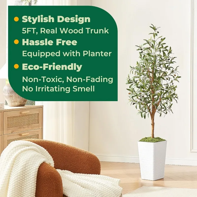 Olive Trees Artificial Indoor,  Tall Faux Olive Tree with White Tall Taper Planter, Fake Plants with Natural Wood Trunk