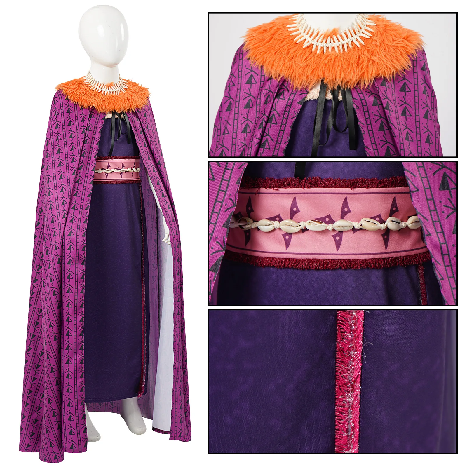 Women Moana Cosplay Costume Villain Matangi Dress Cloak Purple Suit Halloween Outfits Fur Collar Belt Full Set view 5