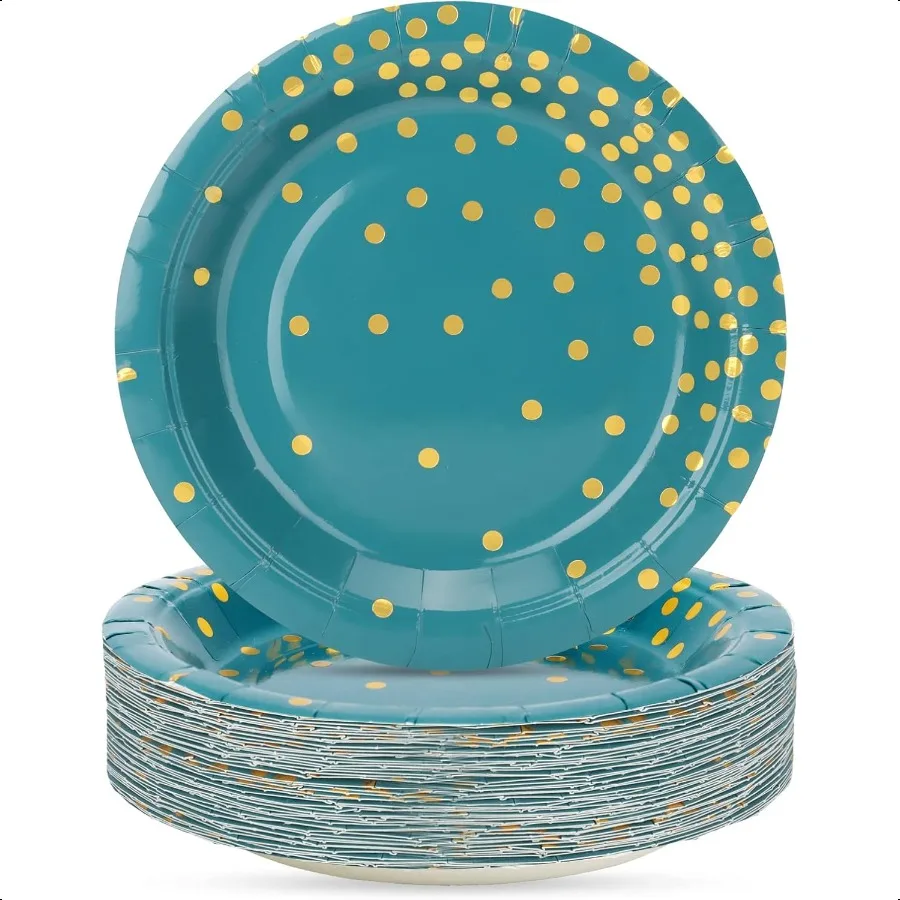 

Blue Green Gold Paper Plates100 Pack Gold Dots Party Paper Plates Party plies Dert Plate for Father's Day Independence Day Bir