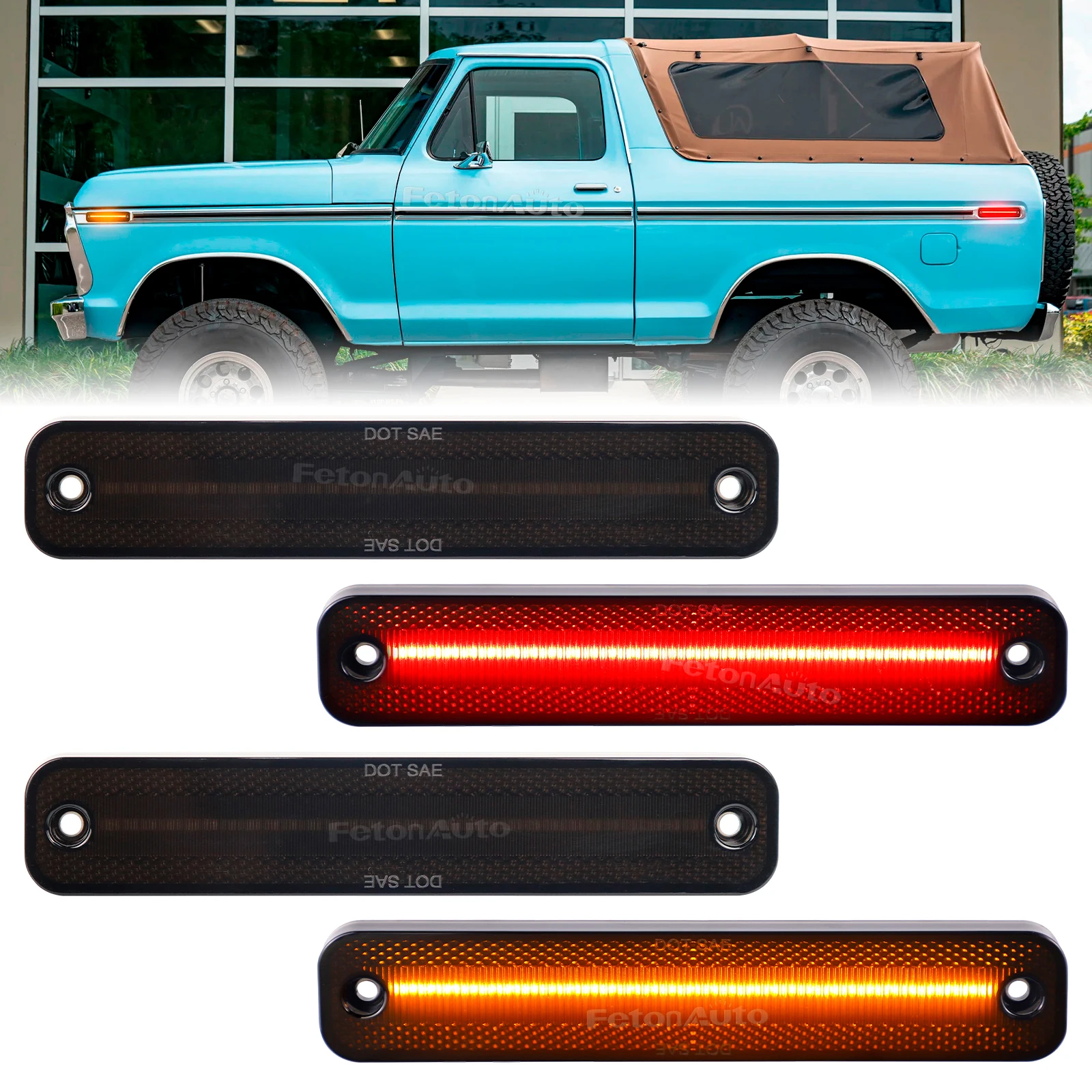 4pcs Amber Red LED Turn Signal Flowing Front&Rear Side Marker Repeater Indicator Light  Fender  For Ford Bronco 1978-1979