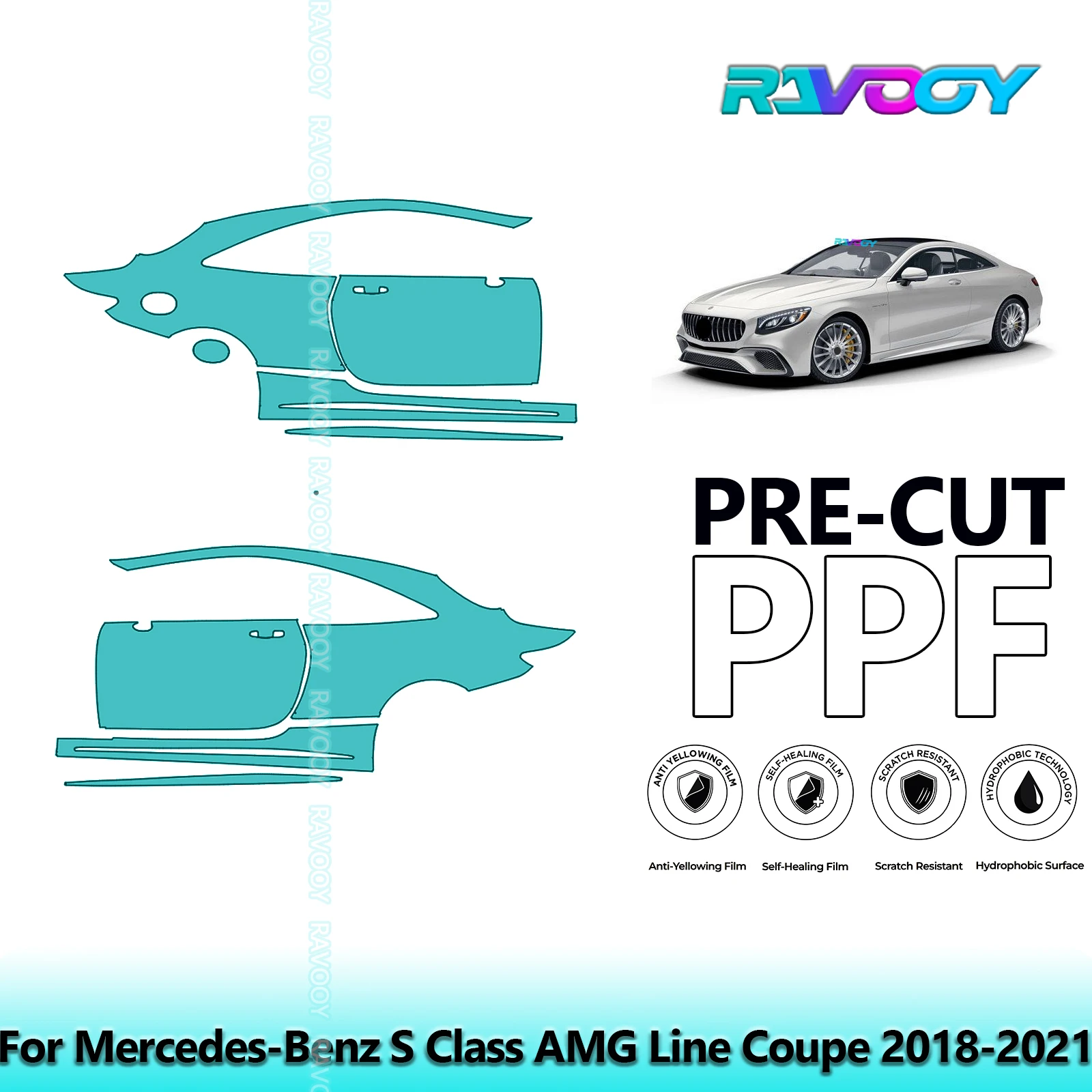 

For Mercedes-Benz S Class AMG Line Coupe 2018-2021 8.5mil Pre-Cut PPF Door & A/B Pillar Kit TPU Paint Protection Film Set