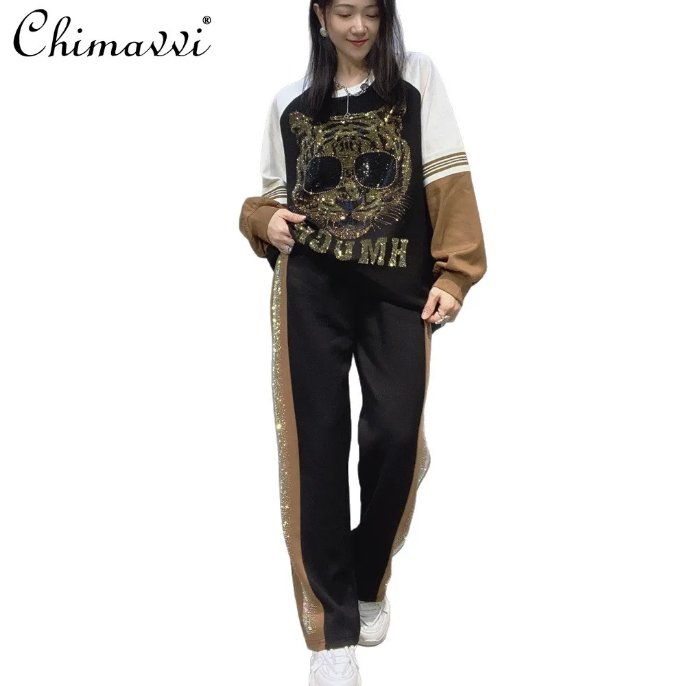 Moda em torno do pescoço manga longa topo calça oversized feminino conjunto pesado strass retalhos cor casual conjunto de duas peças