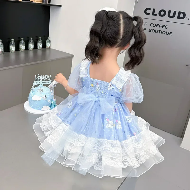 Kawaii Cinnamoroll Girls 2024 New Dresses Summer Anime Sanrio Girly Heart Cute Lolita Princess Dress Children's Birthday Dress