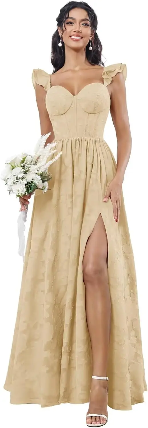 Sevintage Vestidos de dama de honor florales para mujer Mangas largas Vestidos formales para invitados de boda con hendidura