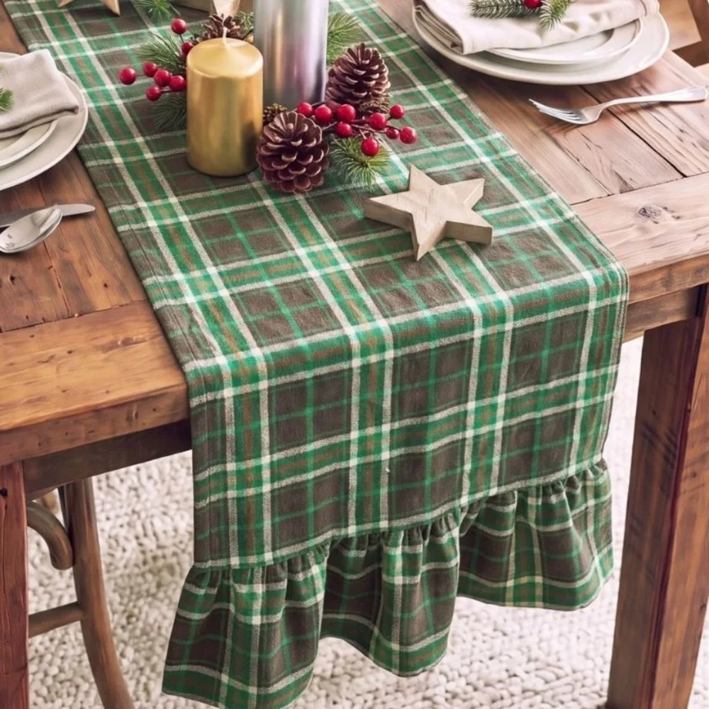 Double Ended Lotus Leaf Edge Christmas Table Runner Rustic Style Washable Ruffle Edge Table Flag Checkered Vintage