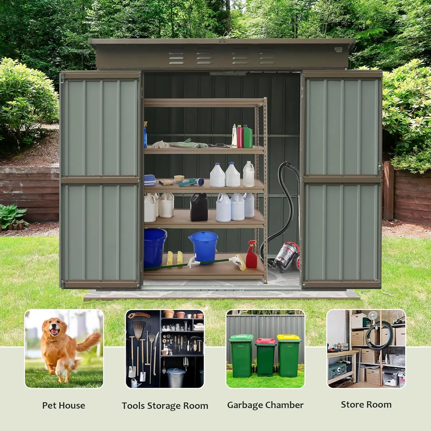 6X4Ft Outdoor Metal Storage Shed, Storage Tool Sheds Tool Sheds With Lockable Double Door, Waterproof Steel Storage House For