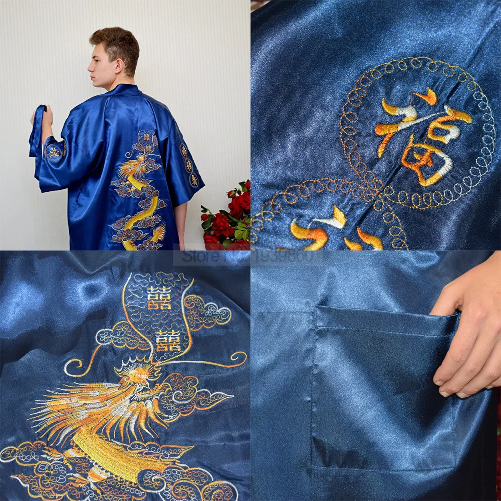 Chinese Men Silky Satin Robe Traditional Embroidery Dragon Kimono Yukata Bath Gown Loose Summer Bathrobes Sexy Nightgown