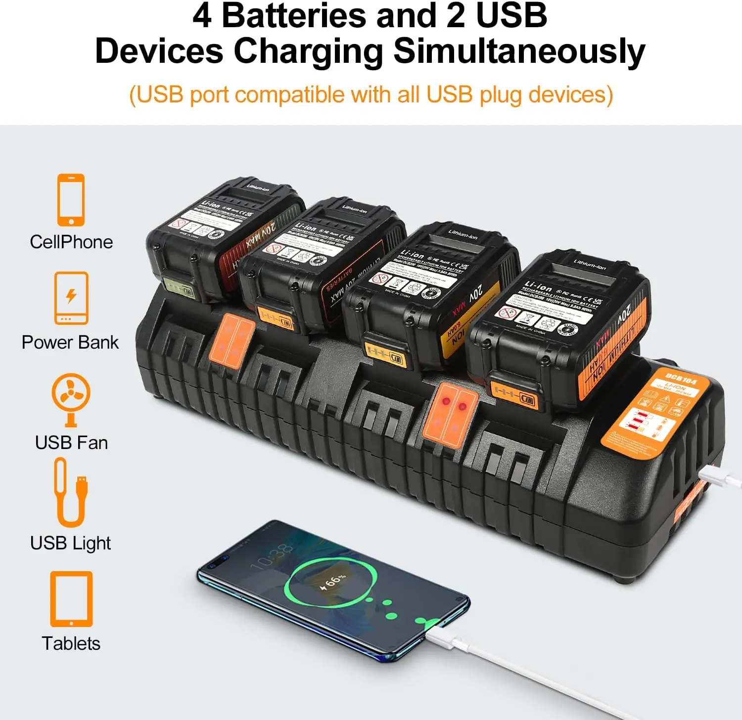 DCB104 Battery Charger Replacement for Dewalt Battery Charger DCB102 DCB118 DCB107 DCB115, 4-Port Battery Charger Compatible