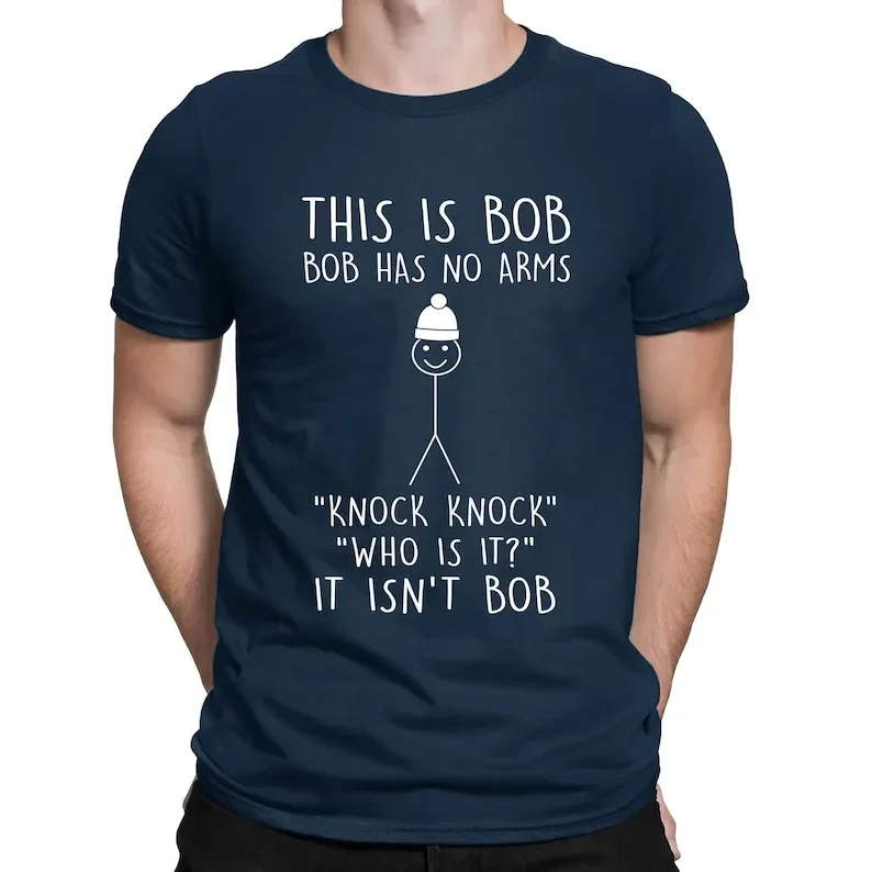 This Is Bob No Arms Knock Knock Stickman Joke Funny T-Shirt Mens Womens and XS-XXXL Sizes Vintage Graphic COTTON Simple T Shirts