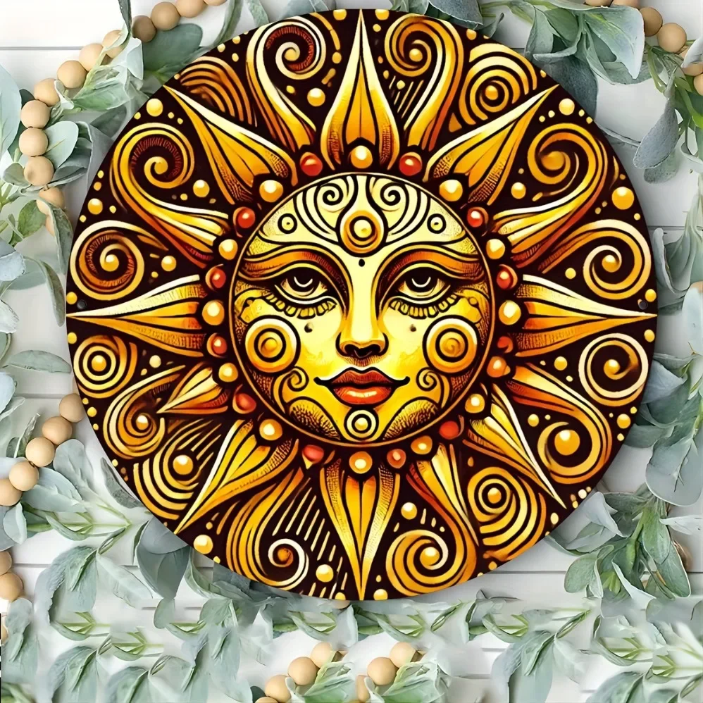 Vibrant Smiling Sun Metal Wall Art – Round Iron Sign with Colorful Celestial Design | Power-Free Metal Outdoor Decor for , Bars