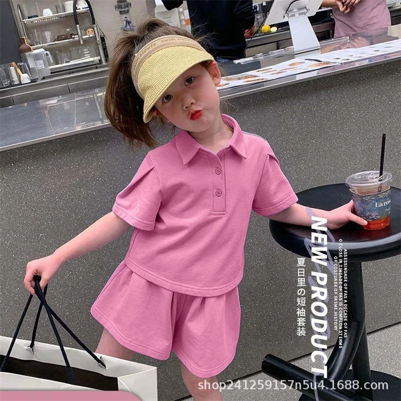Summer Fashion Baby Clothes Sets Girl Cute Lapel T-shirt Pants  Casual Suits Children Sports Solid Color Comforts Outfits 12M-8Y image 4