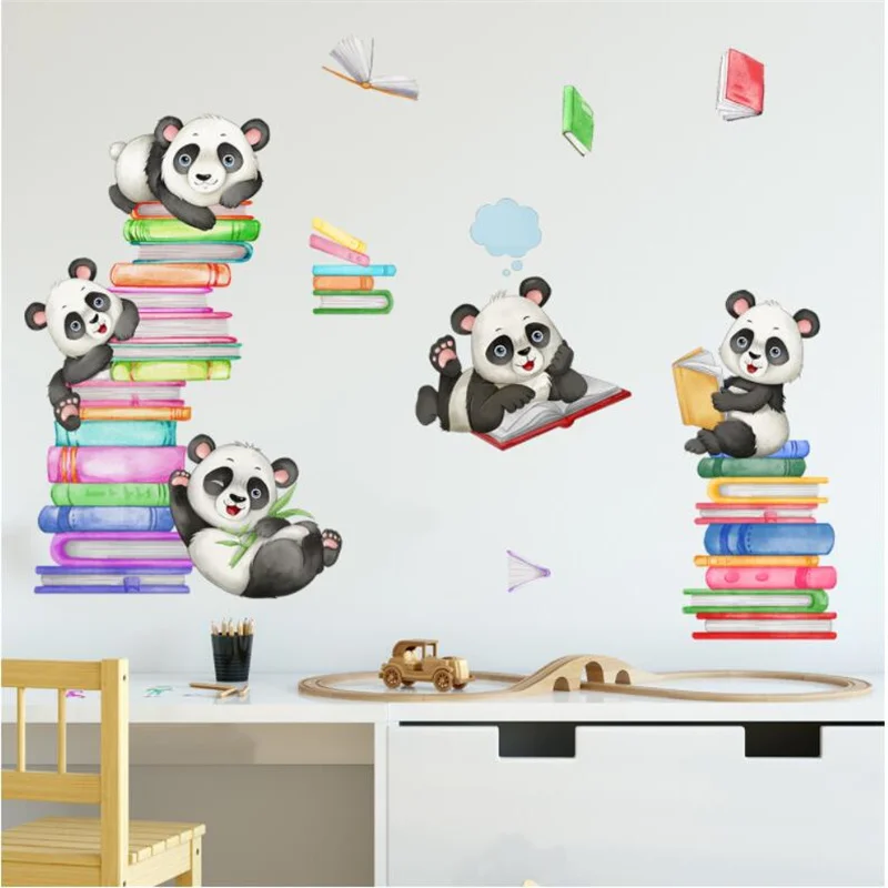 Pegatinas de pared de libros de animales Panda para niños, decoración de guardería, decoración de sala de lectura, calcomanía de biblioteca de