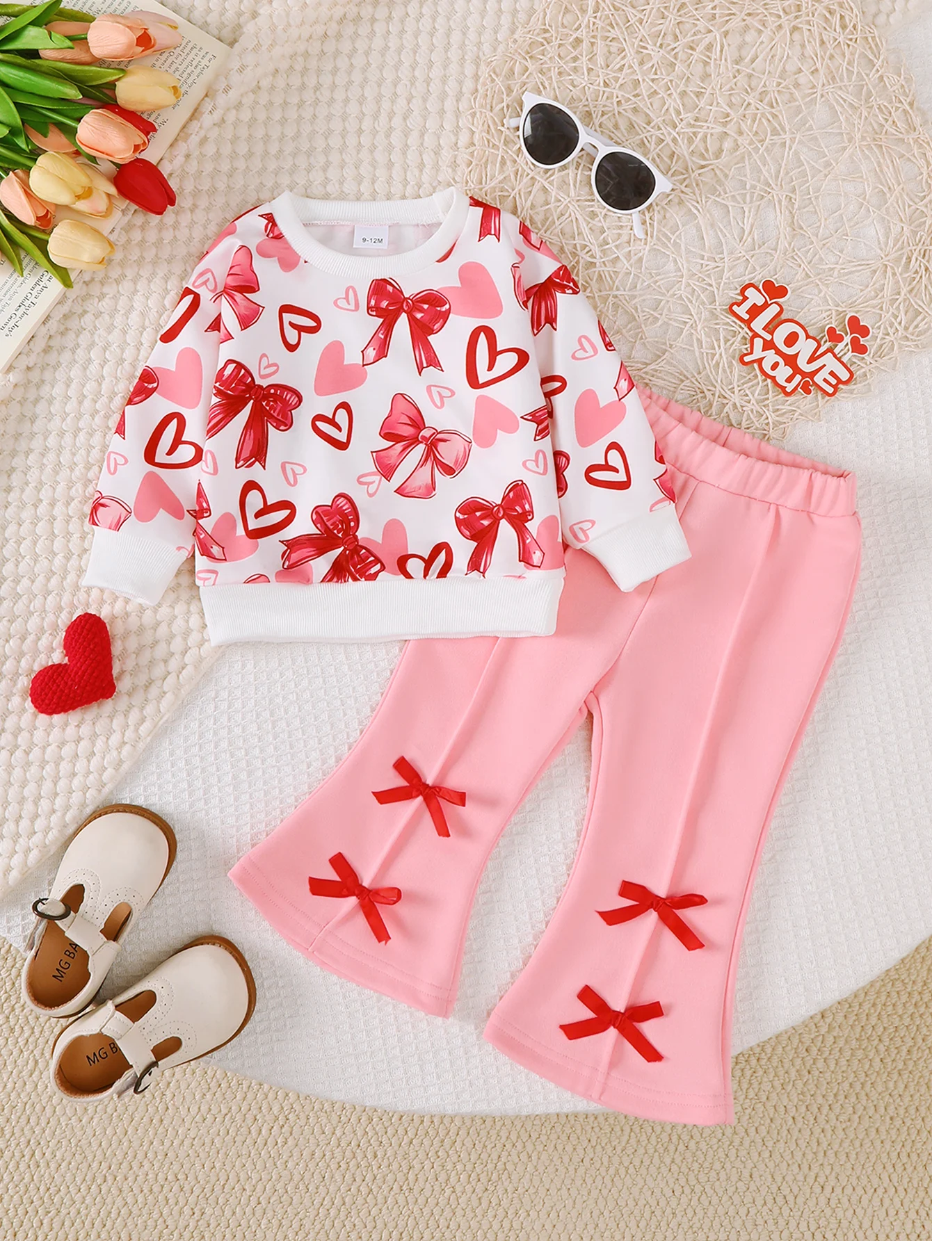 Winter  0-3  Years  Old  Peach  Heart  Print  Long-sleeved Sweatshirt  Valentine's  Day  Casual  2-Piece  Set