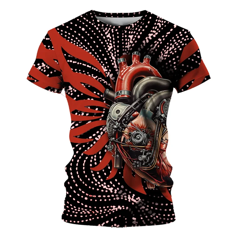 3D Printed Mechanical Heart T-Shirt For Men Flower Bird Fish Pattern Tees Loose Round Neck Tops Short Sleeve T Shirts Streetwear