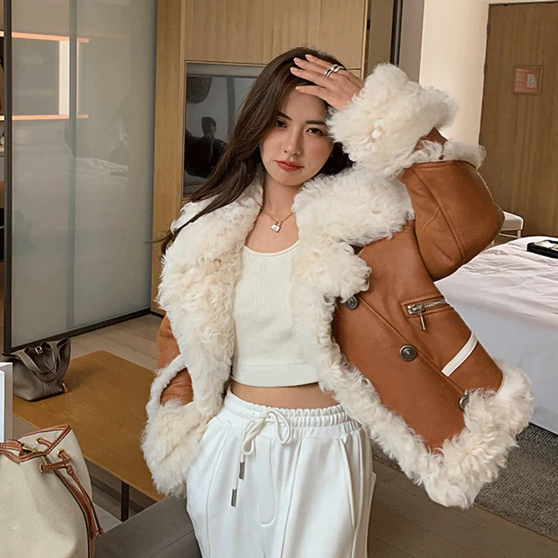 2024 Women's Genuine Sheepskin Leather Jacket Thick Warm Spring Autumn Fur Coats Fashion Lamb Fur Shearling Outwear