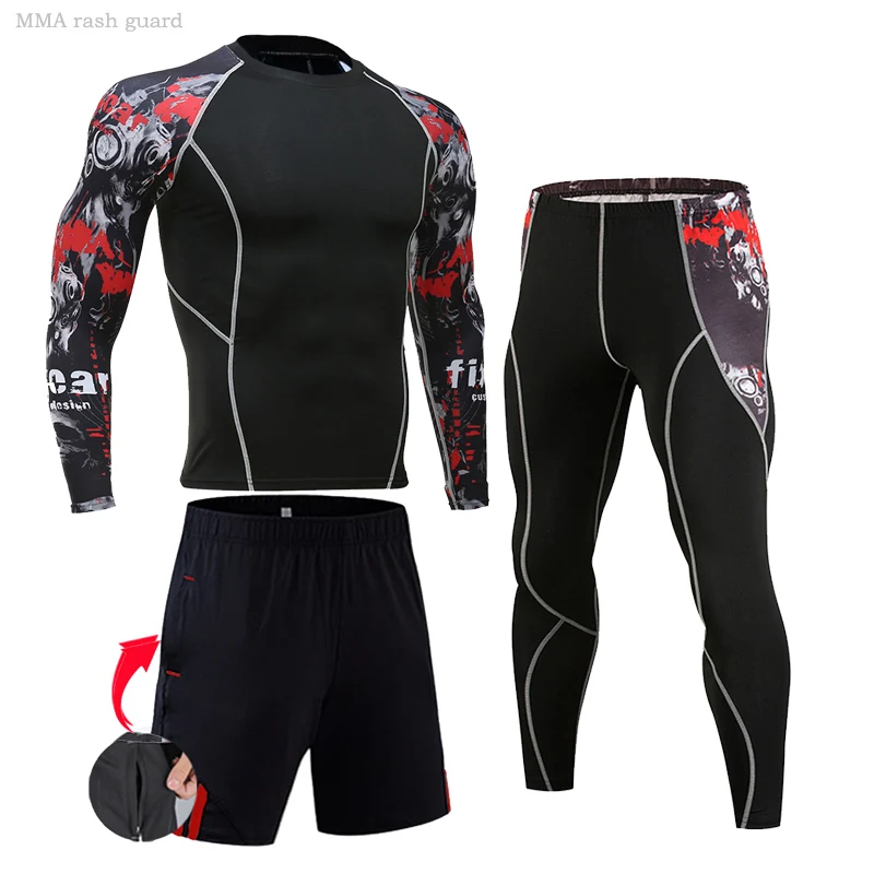 Traje deportivo de compresión para hombre, ropa interior térmica para correr, Camiseta larga para gimnasio, Leggings, pantalones cortos, MMA rashgard