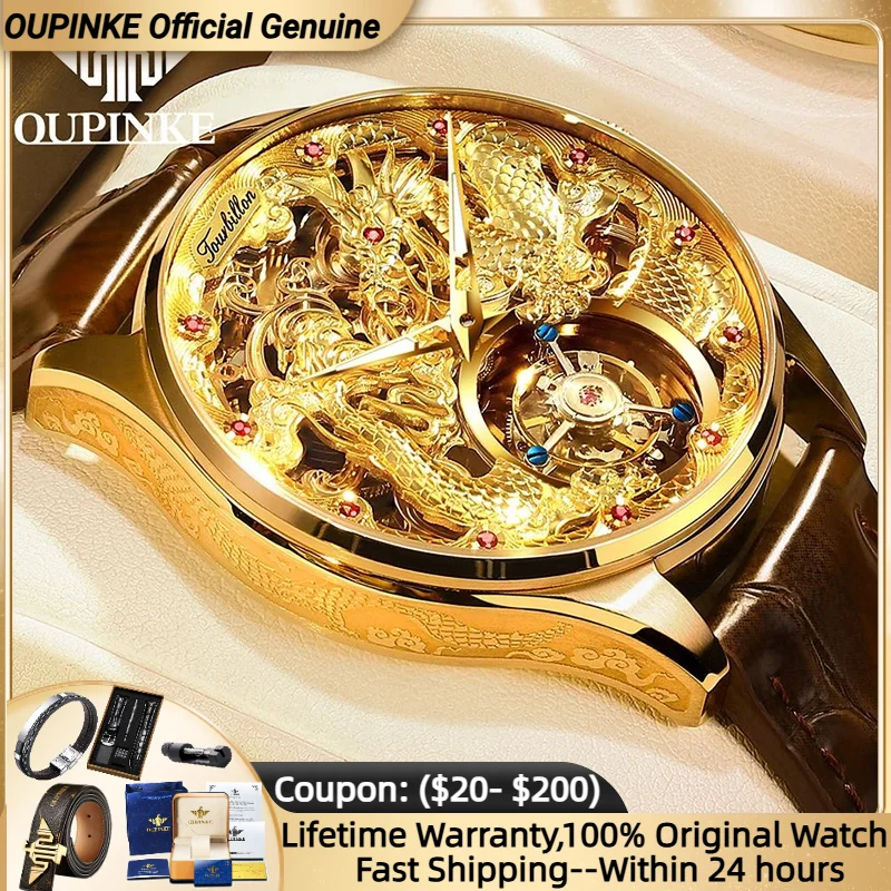 

OUPINKE 3176 Top Brand Tourbillon Watch for Men Original Leather Strap Golden Dragon Design Automatic Mechanical Movement Watch