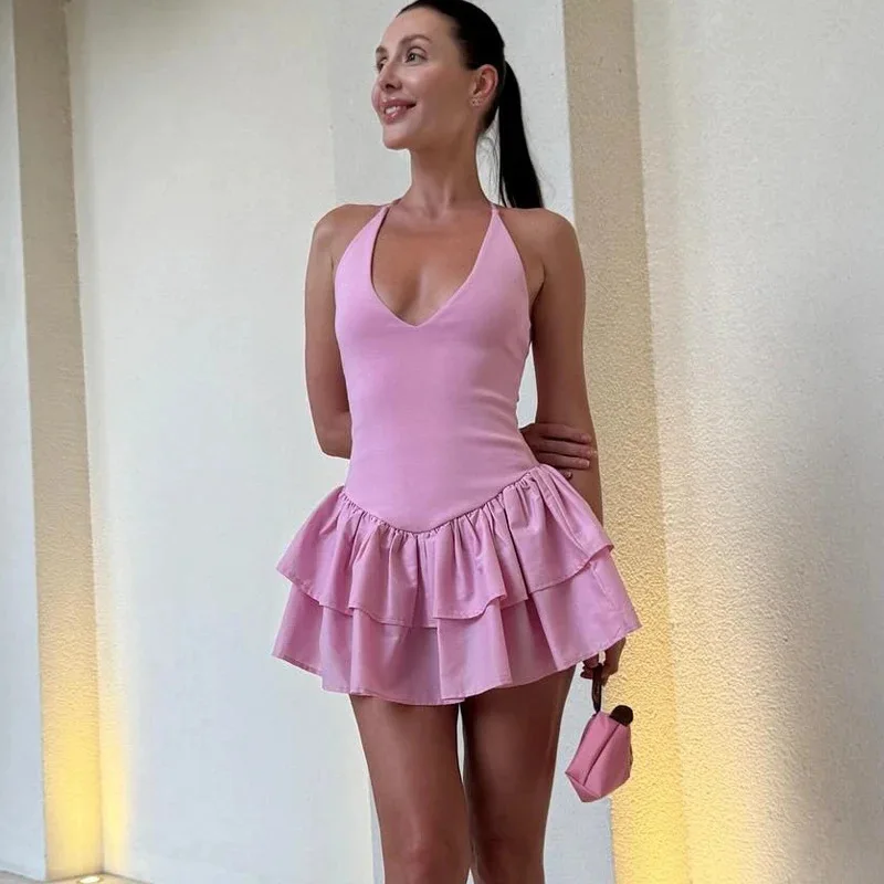 

2025 European and American Summer New Women's Fashion Elegant Temperament Sleeveless V-neck Sexy Hanging Neck Casual Dress