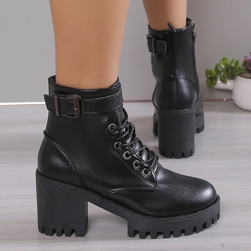 Women\'s High Heels Ankle Boots for 2023 Black PU Leather Platform Short Boots Woman Side Zipper Thick Heeled Punk Botas De Mujer