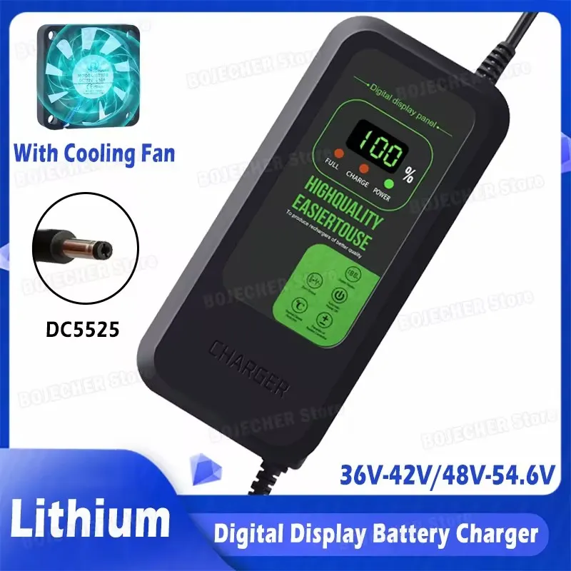 Neu verbessertes Lithium-Batterieladegerät 36V 42V / 48V 54.6V 2A 5A mit Digitalanzeige, Netzteiladapter DC5525 mit Lüfter, EU-Stecker