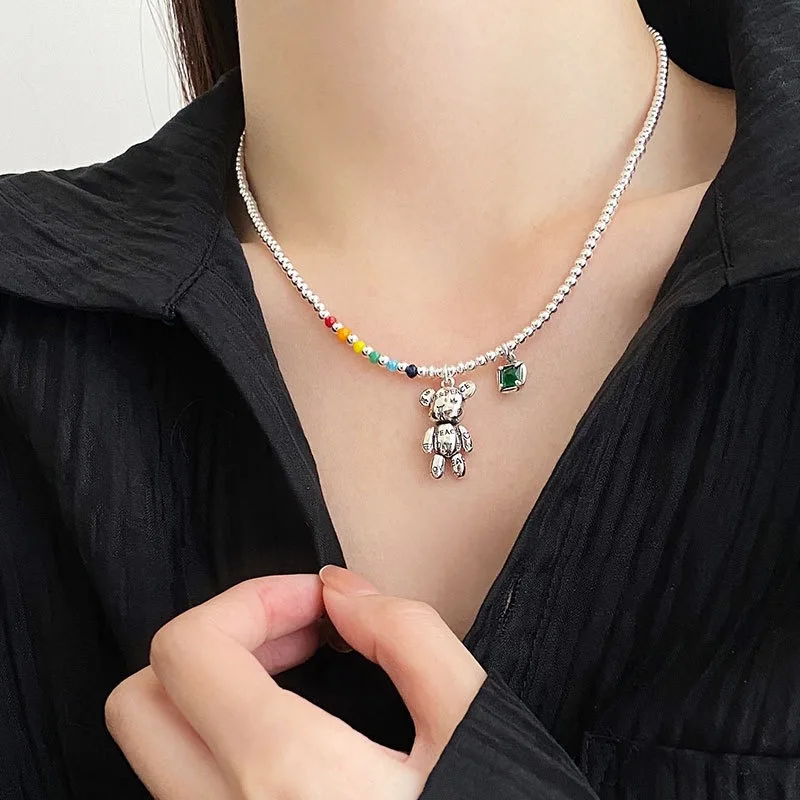 925 Sterling Silver Necklace For Women Adjustable Necklace Bear Beads Shape Choker Necklaces Birthday Gift Chocker