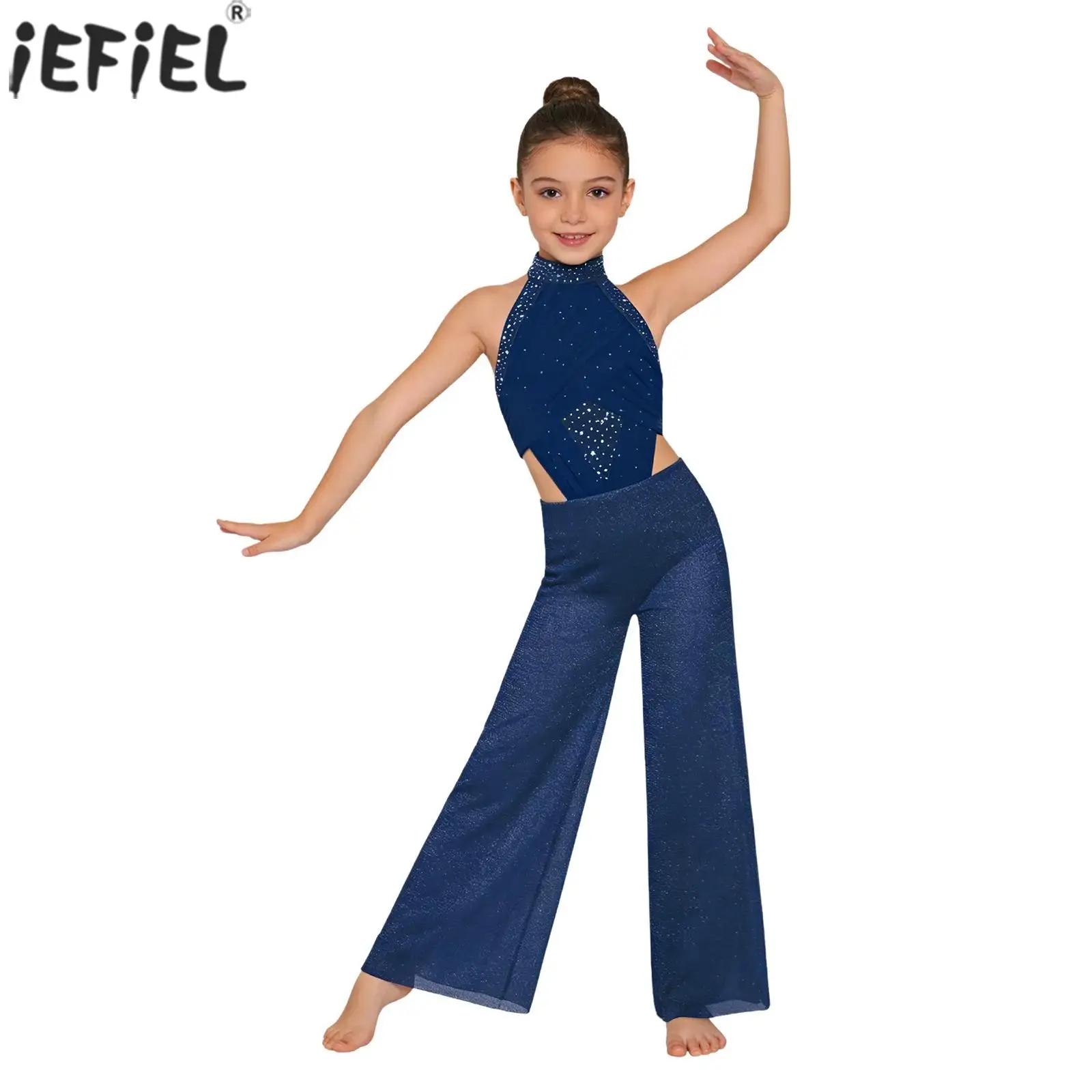 Combinaison de danse lyrique pour filles, sans manches, avec découpes, strass brillants, body à jambes larges, tenue de danse latine, jazz, moderne