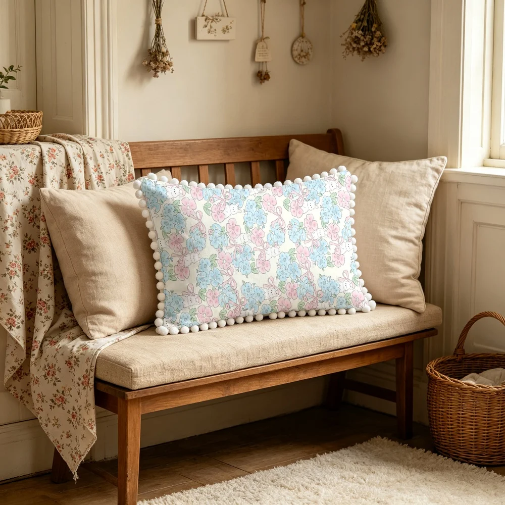 1PC Cream Background with Pink Blue Rabbits and Flowers and Green Leaves, Cute Whimsical Cartoon Animal Floral Lumbar Pillow Cov