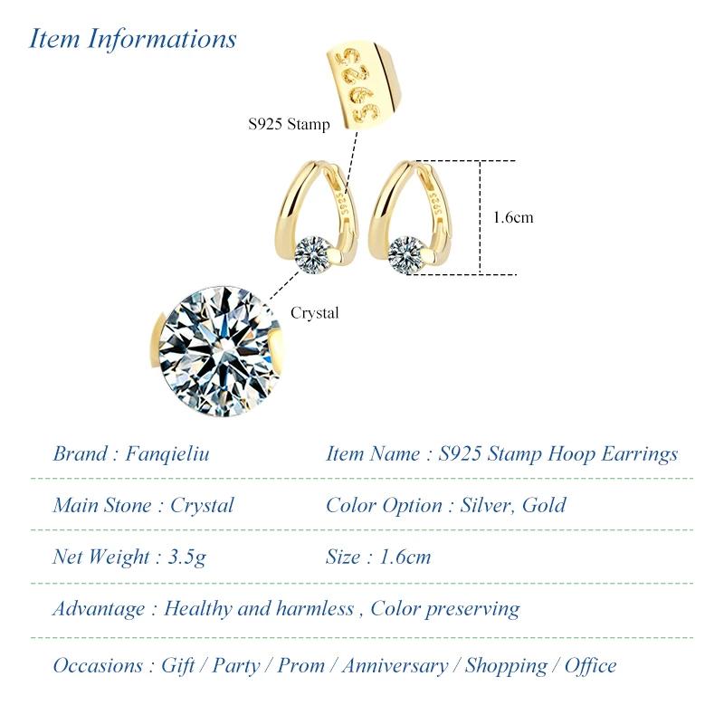 Fanqieliu Real 925 Sterling Silver Spiral Crystal Hoop Earrings For Women Fashion Jewelry New FQL22023