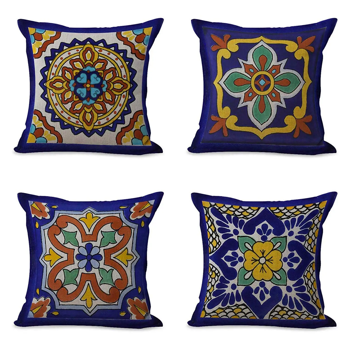

Set of 4 Linen Throw Pillow Covers Spanish Talavera Exotic Geometry Dark Retro Ethnic Home Decorative 18"x18" Flax Pillow Cases