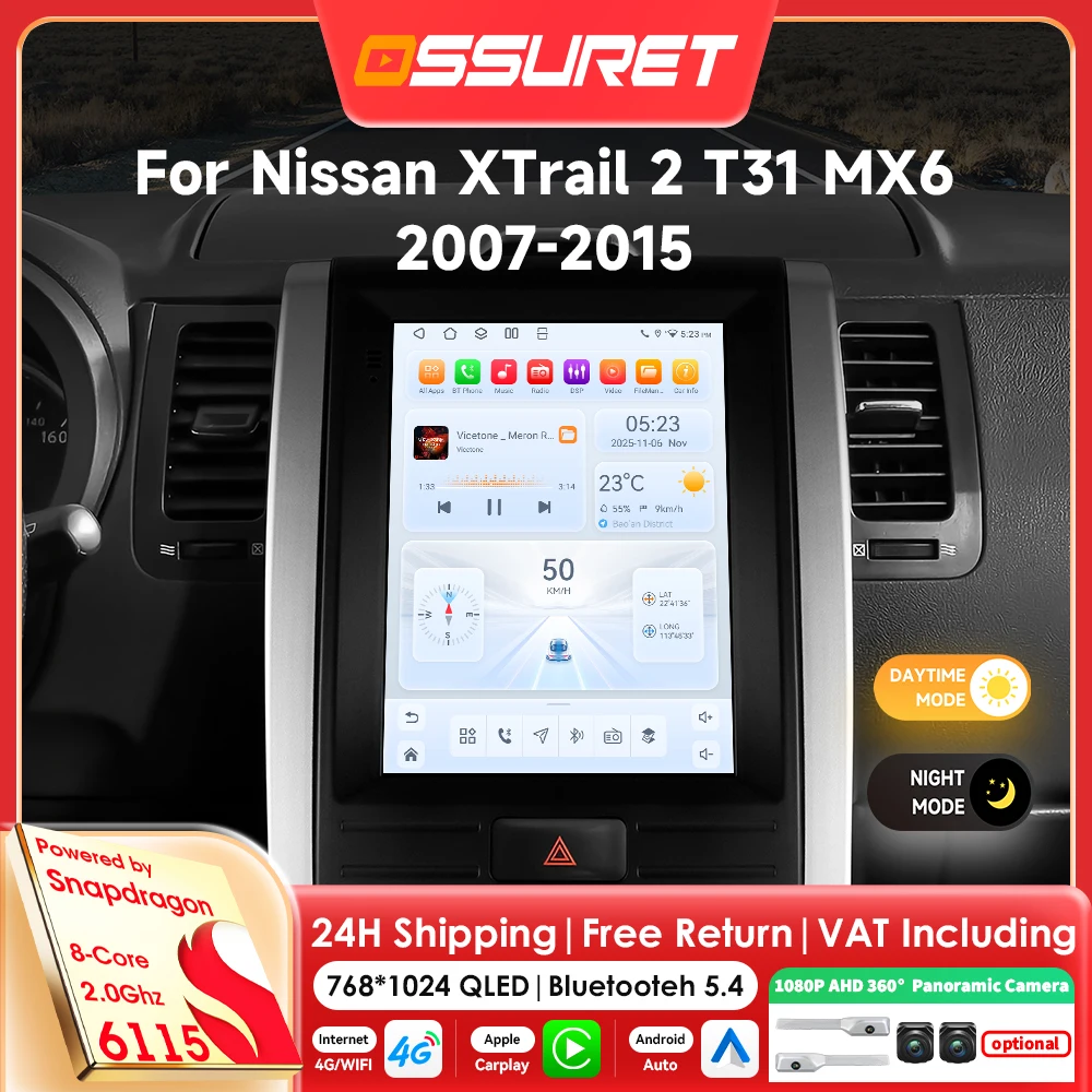9,7-Zoll-360-Grad-Kamera Android 14 Autoradio für Nissan X-Trail 2 T31 MX6 2007-2015 Multimedia-Videoplayer 6115 4G 8-Kern Carplay