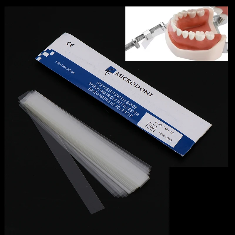 100Pcs Dental Polyester Matrix Bands Stainless Steel Matrix Retainer Clear Matrices Strips Fit Filling Decayed Tooth Dentist